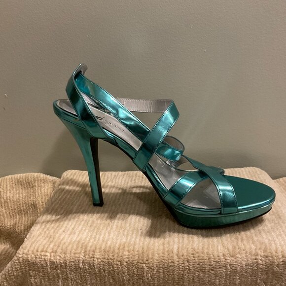 Fioni NIGHT Platform Sandal Heels - Metallic Turquoise Blue - Size 9 - Picture 8 of 8